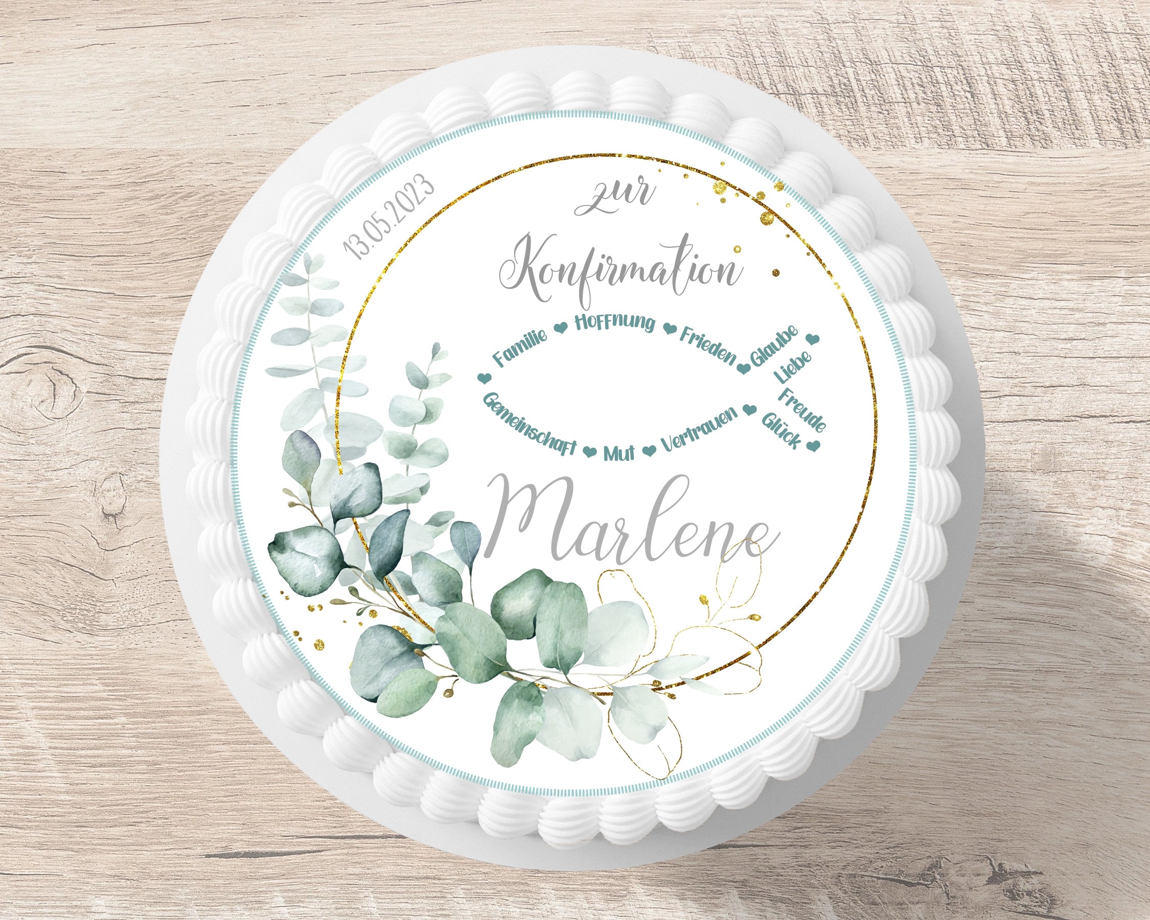 Cake topper confirmation fish eucalyptus fondant desired name 20 cm diameter personalized