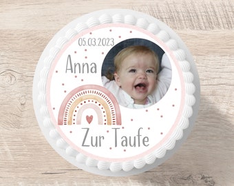 Topo de bolo de batizado com arco-íris, foto, pasta americana, nome personalizado, 20 cm de diâmetro, imagem de açúcar, decoração de bolo, menina, rosa
