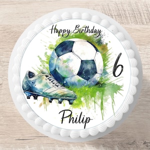 Topper per torta a forma di pallone da calcio in pasta di zucchero, nome desiderato, diametro 20 cm, immagine di compleanno di un bambino, calcio, pallone da calcio