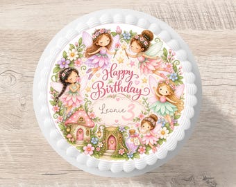 Cake topper, fairy design, fondant, personalized name, 20 cm diameter, sugar image, cake decoration, girl