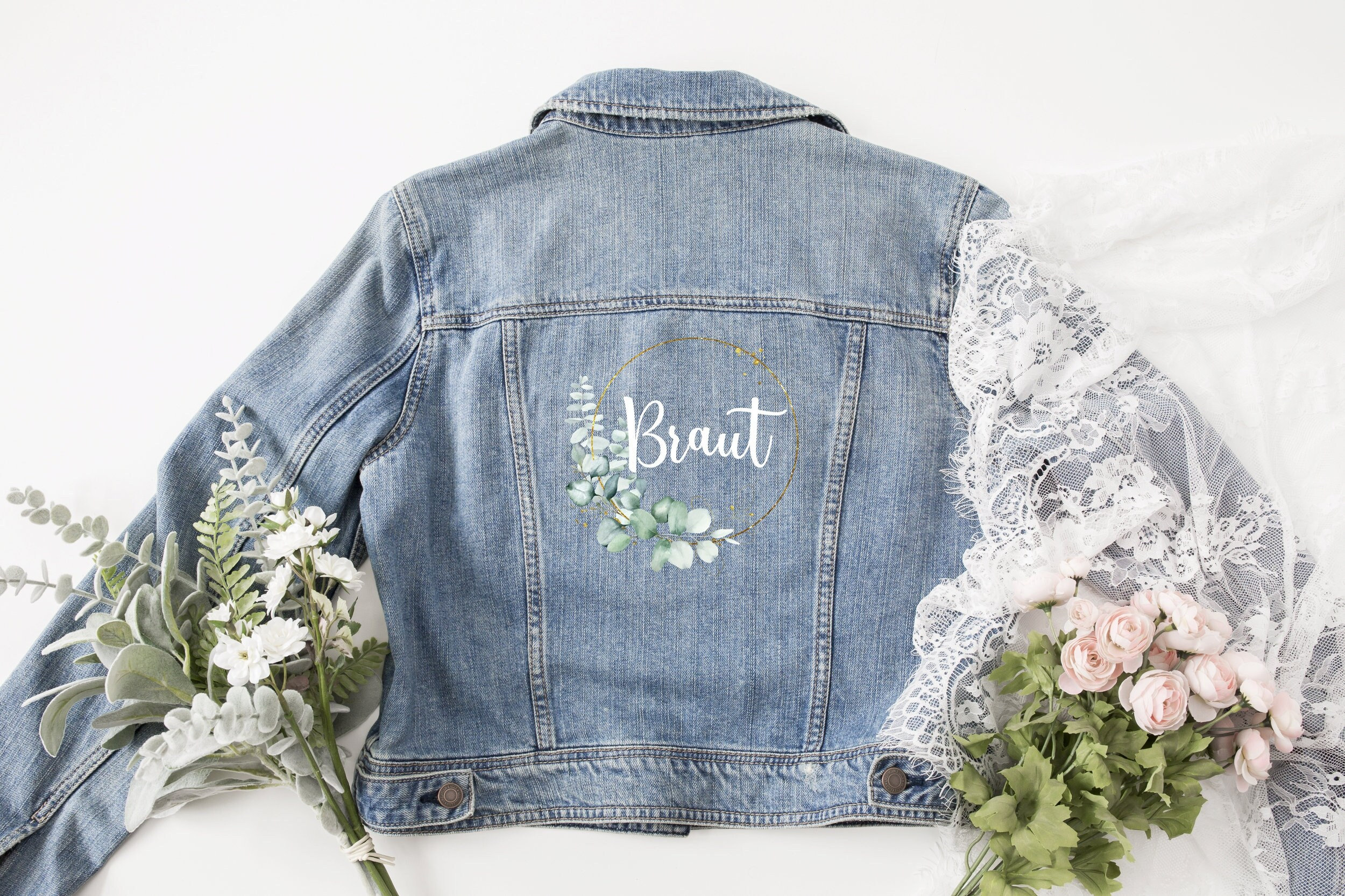 Denim jacket "Bride" for JGA wedding bride eucalyptus wreath gold