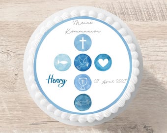 Communion cake topper, cross, fondant, personalized with desired name, 20 cm diameter