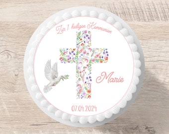 Tortenaufleger Kommunion Taube Blumenkreuz Fondant Wunschname 20 cm Durchmesser personalisiert