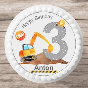 Cake topper excavator fondant desired name cake image sugar image construction site birthday boy girl