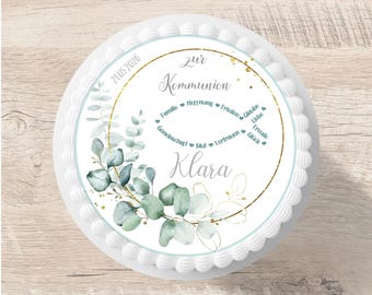Tortenaufleger Kommunion Fisch Eukalyptus Fondant Wunschname 20 cm Durchmesser personalisiert Konfirmation Taufe Firmung Name