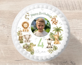 Safari Animals Cake Topper Photo Fondant Name Number Sugar Image, Green Cake Image Boy Girl Lion Elephant Crocodile Giraffe Zebra Monkey