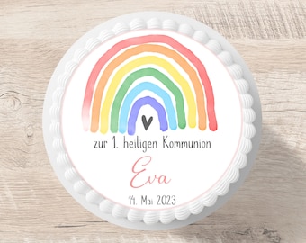 Tortenaufleger Kommunion Regenbogen Fondant Wunschname 20 cm Durchmesser personalisiert