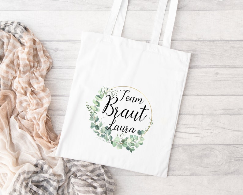 Beutel Braut oder Team Braut Name JGA Hochzeit Braut Eukalyptuskranz gold Baumwolle weiß Drawstring Bag Turnbeutel Bridesmaid Tote Bag Beutel Team Braut N.