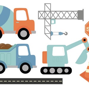 Könnte beinhalten: Ein Set mit Baufahrzeugen, darunter ein Betonmischer, ein Kipplaster, ein Bagger und ein Kran. Das Set enthält außerdem ein Stoppschild, einen Verkehrskegel und eine Straße.