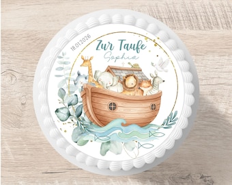 Baptism Cake Topper Noah's Ark Eucalyptus Fondant Personalized Name 20 cm Diameter Sugar Image Cake Decoration Personalized Name