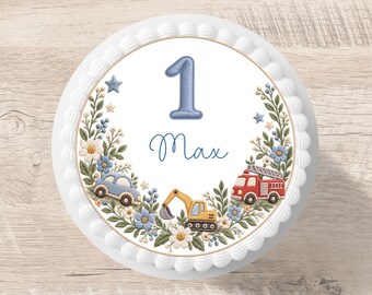 Cake topper, car, excavator, fire engine, fondant, personalized name, 20 cm diameter, sugar image, excavator, truck, cake decoration, children's birthday