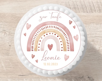 Personalized christening cake topper with rainbow fondant and desired name, 20 cm diameter.