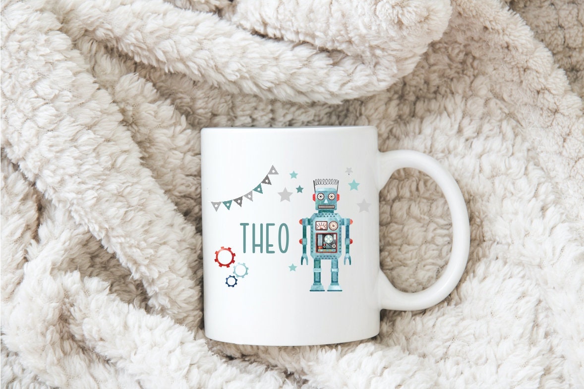 Tazza Personalizzata Per Bambini Con Nome - 325 Ml In Ceramica - Design Dinosauro, Robot, Spazio O Volpe - Regalo Originale Asilo