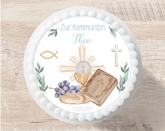 Tortenaufleger Kommunion Kelch Brot Wein Fondant Wunschname 20 cm Durchmesser personalisiert