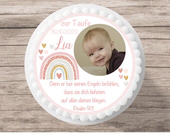 Topo de bolo batizado com foto dizendo arco-íris fondant nome desejado imagem de açúcar decoração de bolo decoração de bolo menina rosa