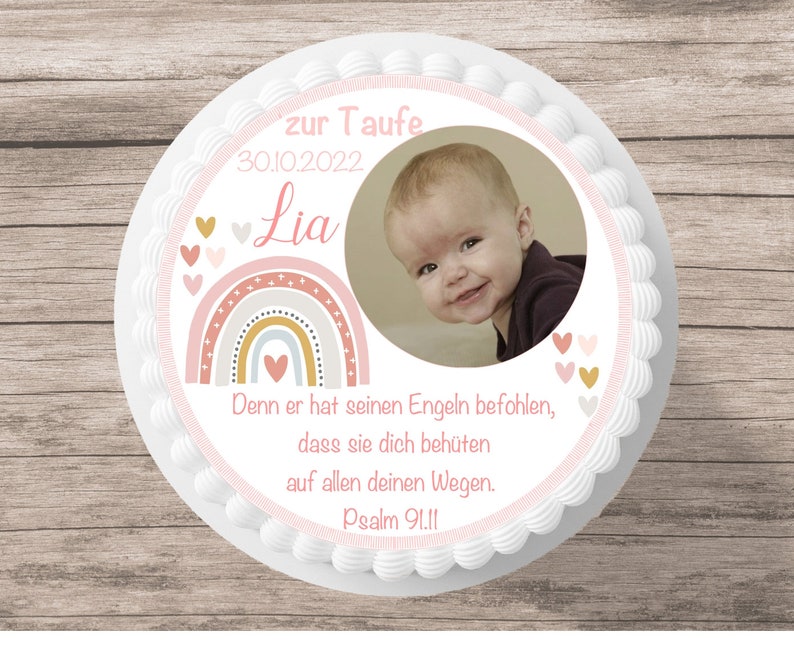 Tortenaufleger Taufe mit Foto Spruch Regenbogen Fondant Wunschname