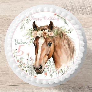 Cake topper cavallo fiori fondente nome desiderato 20 cm diametro zucchero immagine torta immagine cavallo ragazza ragazza rosa