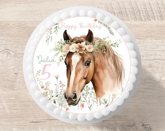Cake topper horse flowers fondant personalized name 20 cm diameter sugar image cake decoration horse girl pink