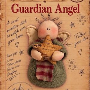 Puede incluir: Una muñeca ángel de tela con cara redonda, mejillas rosadas y alas pequeñas, sosteniendo una estrella color canela. El fondo es una textura de papel color canela con texto impreso que incluye The Magical Tales of Laura Mori, Guardian Angel y notas.