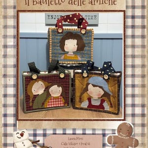 May include: Three handmade fabric tote bags with cartoon girl designs. The bags have patterned fabric, button details, and star-patterned handles. The top bag has a brown handle with red stars, and the text "ENJOY TIME".