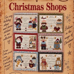 Può includere: Un pannello in tessuto intitolato The Magical Tales of Laura Mori Christmas Shops con sei quadrati ricamati a tema natalizio, tra cui Santa's Elf Candy Shoppe, Christmas Apple Pie, Santa's Toy Shop, Reindeer treats, Frosty's Snowflake Cafe e Mrs Claus' Gingerbread Baking Co.