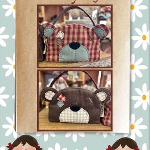 May include: Two teddy bear-shaped bags. The first bag is red and white plaid with a blue and white plaid nose and brown eyes. The second bag is brown with a white and brown plaid nose and brown eyes. The bags are on a brown background with the text "Teddy bag" written in brown above them. Below the bags is a business card with the text "Laura Mori, Calle Hibisco 1 Local 55, CC el Campanario, 35660 Corralejo, www.Lauramoripatch.com".