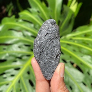May include: A dark gray, rough, and textured rock with a pointed end. The rock has a slightly oval shape and is about 5 cm long.