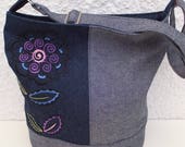 Slouchy Bag, Denim Shoulder Bag, Denim Gift for Women, Handmade Denim Bag, Embroidered Floral Bag, Embroidered Denim Bucket Bag, Hobo Bag