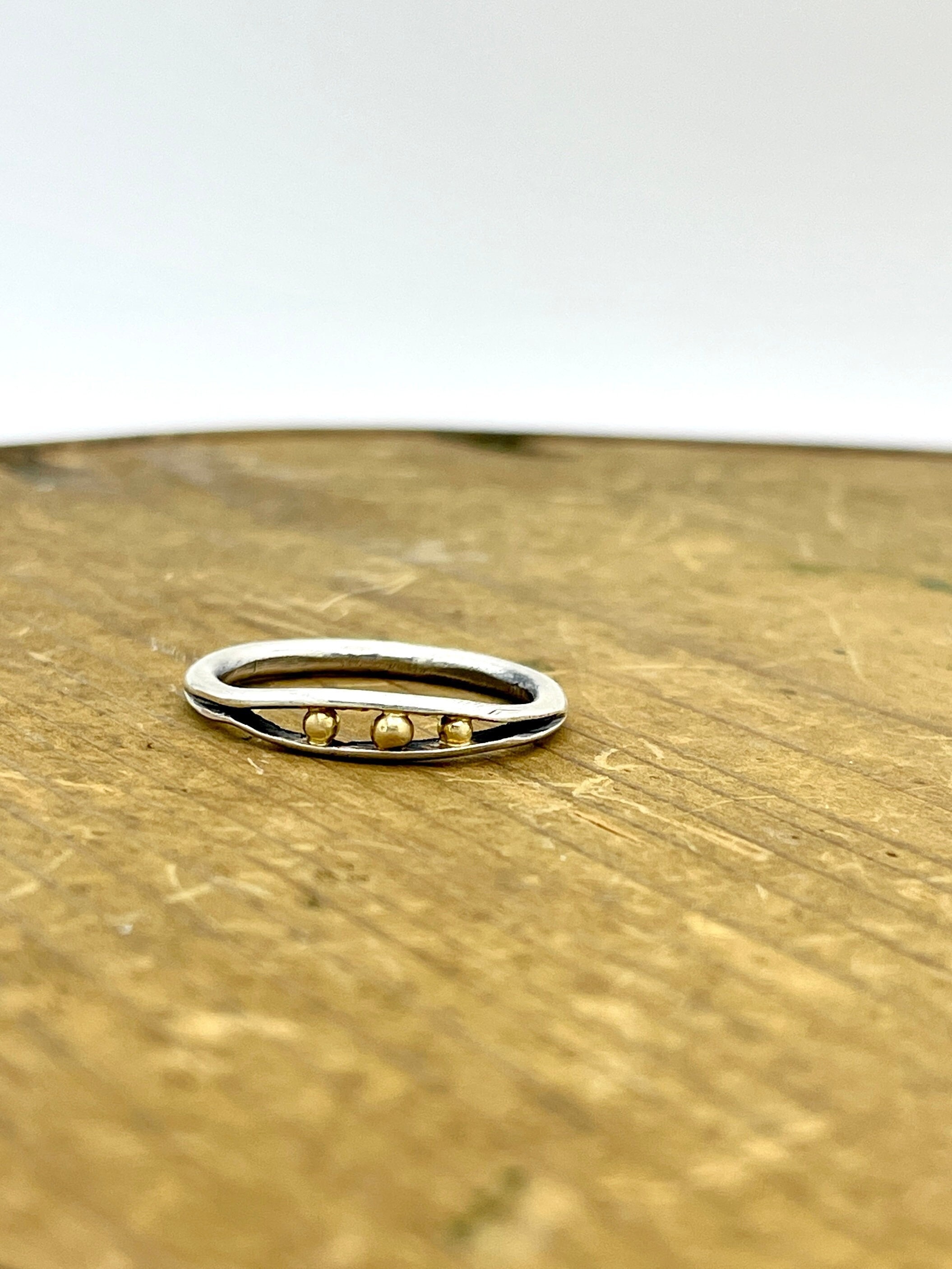 Seed Ring. Sterling Silver and 18k Yellow Gold Band. Mixed Metal Stack Ring.