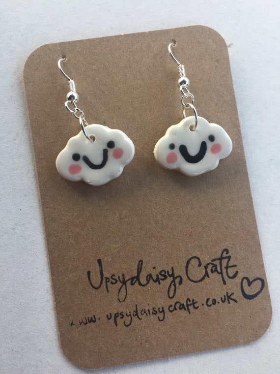 Ceramic Smiley Face Clouds - with rosy cheeks - Dangly Earrings