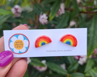 Ceramic Rainbow Stud - Earrings - handmade - handpainted