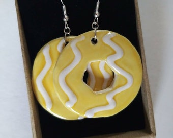 Anneau de fête en céramique - Boucles d'oreilles pendantes !!!!! Jaune blanc