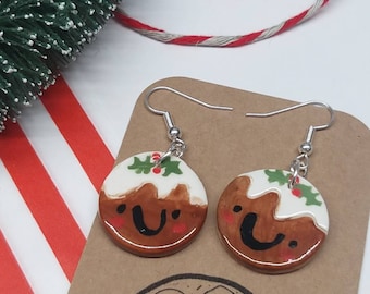 Ceramic Small Smiley Christmas Pudding Dangly Earrings