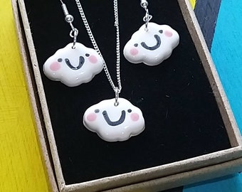 Ceramic Smiley Face Clouds - with rosy cheeks -  Dangly Earrings with Necklace