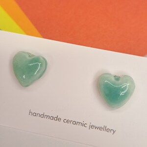 Ceramic Heart Stud Small Turquoise/Mint Handmade Pottery Earrings image 2