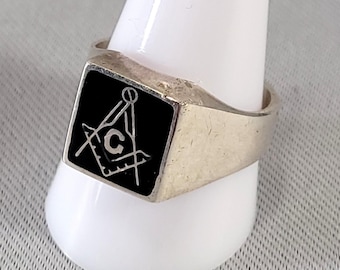 Vintage 925 Sterling Silver Masonic Signet Ring Black Enamel Square Mens 11.5