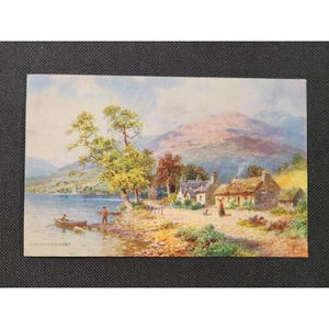 May include: A vintage postcard featuring a watercolor painting of a lakeside village. The scene includes a lake, mountains, trees, and several cottages with thatched roofs. Two people are in a boat, and a person is fishing on the shore. The text "LOCHEARNHEAD" is visible.