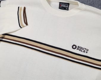Vintage Southpole Sweater Men XL White Stripe Knit Crewneck Pullover Logo Casual