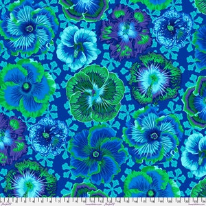 May include: A vibrant fabric pattern featuring large, stylized hibiscus flowers in shades of blue, green, and purple. The flowers have intricate details and are set against a dark blue background with a repeating floral motif. The pattern is measured in inches.