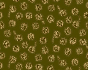 May include: A seamless pattern featuring a repeating design of stylized birds in nests with floral accents. The pattern is in shades of gold on a dark green background.