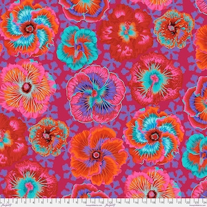 May include: A vibrant fabric featuring a repeating pattern of large, stylized flowers in shades of orange, pink, red, and turquoise. The flowers have intricate details and are set against a deep pink background with a subtle, repeating floral motif.