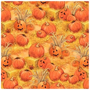 May include: A seamless pattern featuring orange and yellow jack-o'-lantern pumpkins with carved faces, set against a background of golden hay.