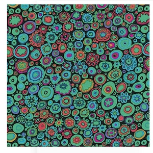May include: A black background with a repeating pattern of colorful circles and dots. The circles are in shades of green, blue, red, orange, and purple. The dots are in shades of black, white, and gray.