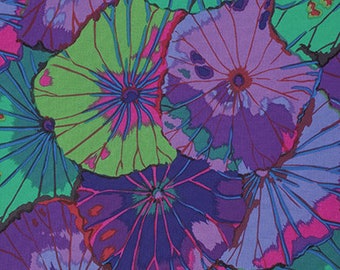 May include: A fabric pattern featuring a dense arrangement of circular, leaf-like shapes in vibrant shades of purple, magenta, and bright green. The design includes radiating lines extending from the center of each shape, creating a bold, colorful, and repeating botanical-inspired graphic print on a flat textile surface.