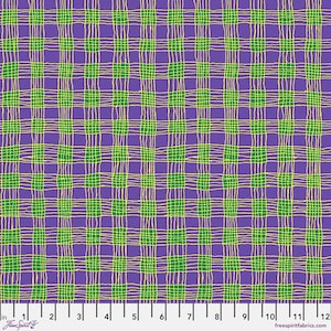 Pode incluir: Um tecido xadrez roxo e verde com um padrão de grade branca. O tecido é medido em polegadas.