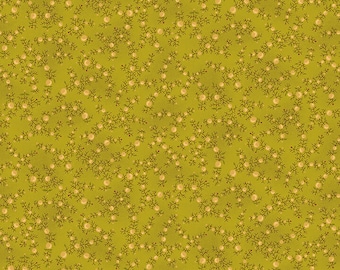 May include: A seamless pattern featuring a repeating design of small, light green branches with tiny, white dots. The background is a solid, slightly textured, yellow-green color.