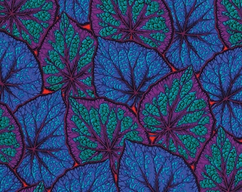 May include: A seamless pattern featuring a repeating design of blue, green, and purple leaves. The leaves have a detailed, intricate pattern and are arranged in a layered, overlapping design.