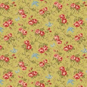 May include: A green fabric with a repeating pattern of pink roses, green leaves, and blue birds. The background is a light green color.