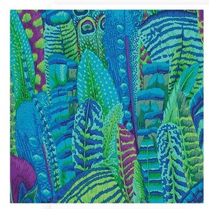 May include: A colorful fabric with a pattern of blue, green, and purple feathers. The feathers are arranged in a random pattern and overlap each other.