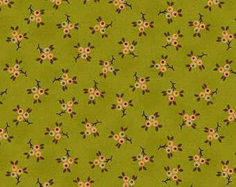 May include: A repeating pattern of small floral clusters on a textured, olive green background. Each cluster features pale peach and red berries with small brown leaves. The design is reminiscent of vintage fabric.